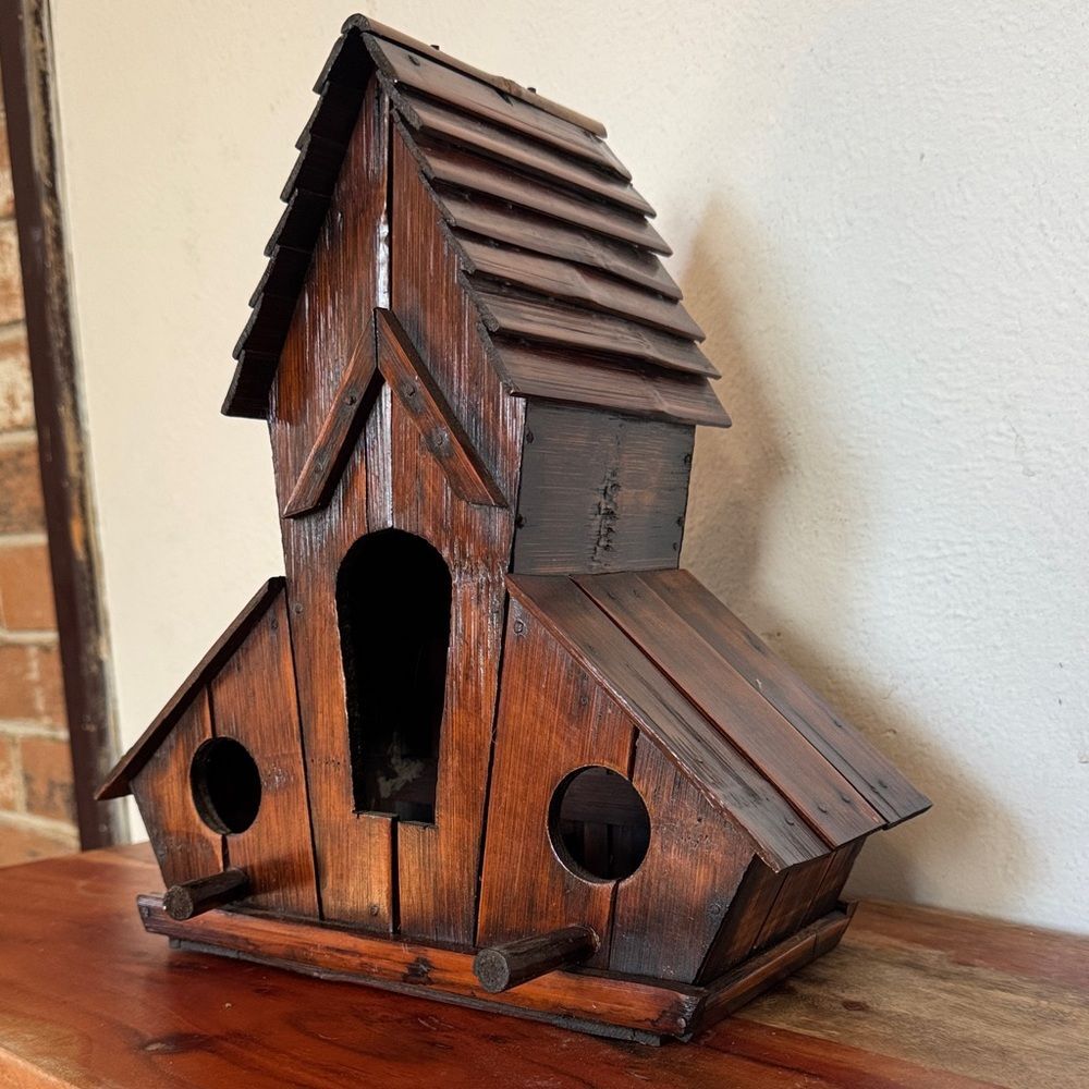 Handmade Rustic Stained Wood Birdhouse With Tray Three 3 Hole Outdoor Garden